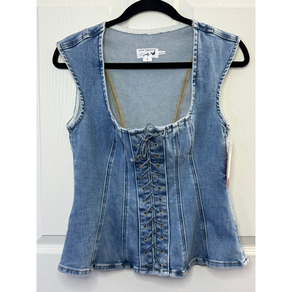 Good American Dolly Denim Corset Top Peplum Lace Up Tank indigo Wash NWT Small - Picture 4 of 8